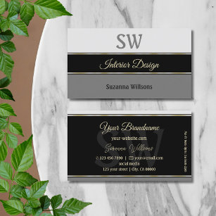 Stylish Gray Borders on Black Chic with Monogram Business Card