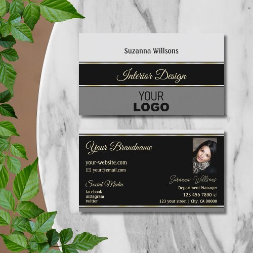 Stylish Gray Borders on Black with Logo and Photo Business Card