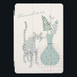 Stylish Gray Cat Teal Floral Illustration Custom iPad Pro Cover<br><div class="desc">This stylish iPad cover features a pretty illustration of a gray cat standing next to a teal green vase filled with florals and botanicals. Personalize it with your name in handwritten script typography. Great gift for cat lovers.</div>