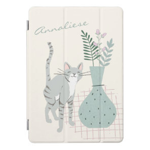 Stylish Gray Cat Teal Floral Illustration Custom iPad Pro Cover