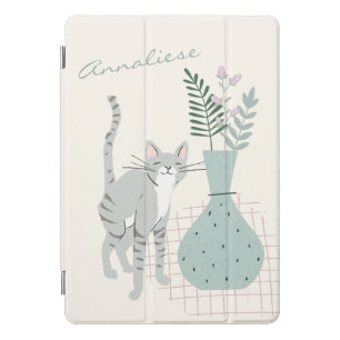 Stylish Gray Cat Teal Floral Illustration Custom iPad Pro Cover