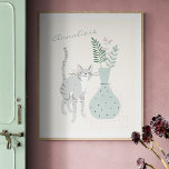 Stylish Gray Cat Teal Floral Illustration Custom Poster<br><div class="desc">This stylish wall art features a pretty illustration of a gray cat standing next to a teal green vase filled with florals and botanicals. Personalize it with your name in handwritten script typography. Great gift for cat lovers.</div>