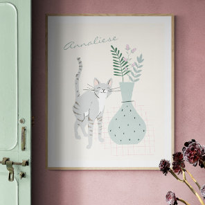 Stylish Gray Cat Teal Floral Illustration Custom Poster