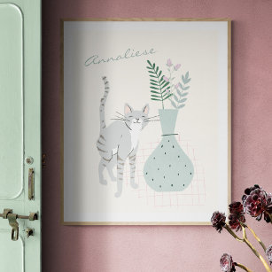 Stylish Gray Cat Teal Floral Illustration Custom Poster