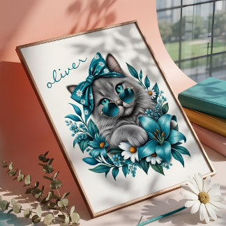 Stylish Gray Cat Teal Floral Illustration Custom Poster
