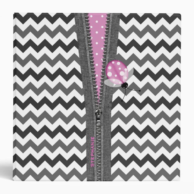 Stylish Gray Chevron Zipper & Pink Ladybug 3 Ring Binder (Front)