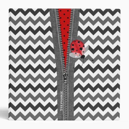 Stylish Gray Chevron Zipper  Red Ladybug Binder