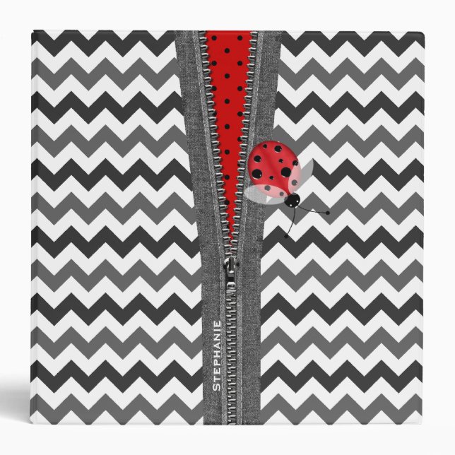 Stylish Gray Chevron Zipper & Red Ladybug Binder (Front)