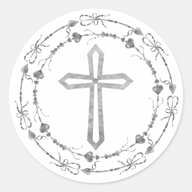Stylish Gray Cross Boho Wreath Baptism Classic Round Sticker (Front)