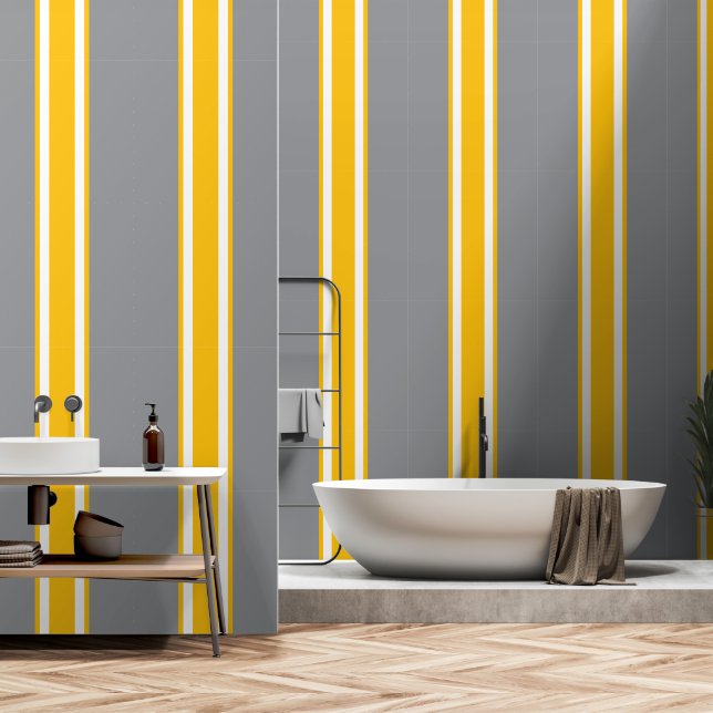Stylish Gray Golden Orange White Racing Stripes Wallpaper (Bathroom)