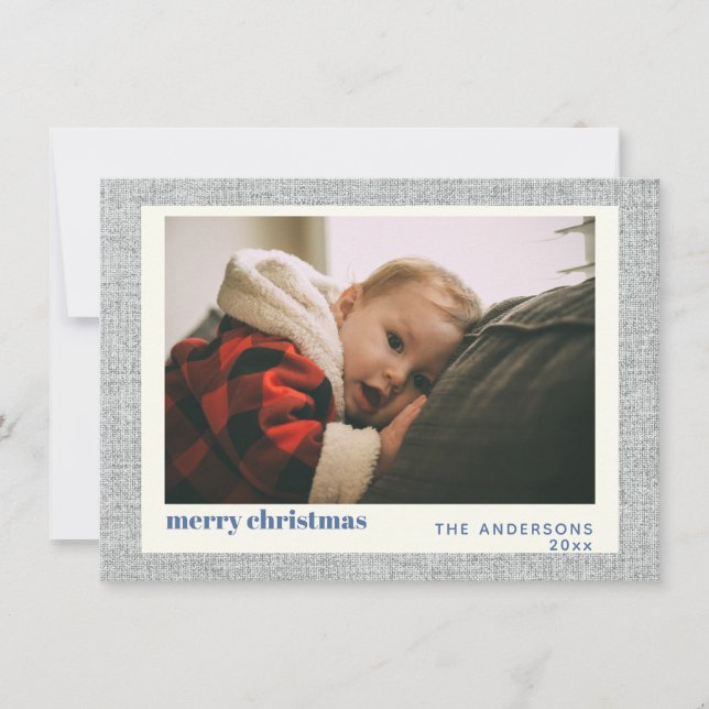 Stylish Gray Linen Simple Holiday Photo Card (Front)