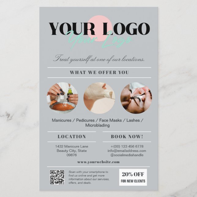 Stylish Gray Logo Services Beauty Salon Marketing Flyer (Front)
