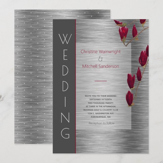 Stylish Gray Metallic Burgundy Floral Wedding Invitation (Front/Back)