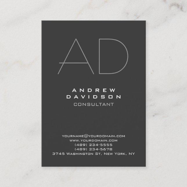 Stylish Gray Monogram Plain Trendy Business Card (Front)