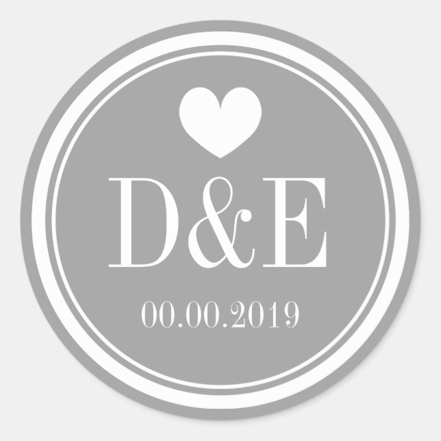 Stylish gray name monogram wedding favor stickers (Front)