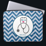 Stylish Gray Nursing Stethoscope on Blue Chevron Laptop Sleeve<br><div class="desc">Laptop sleeve with "Nurse" written in a cool script font with a little red heart underneath. Designed with a simple gray stethoscope illustration. Blue chevron faux glitter pattern. The glitter is an image of glitter it is not real.</div>