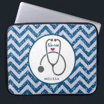 Stylish Gray Nursing Stethoscope on Blue Chevron Laptop Sleeve<br><div class="desc">Laptop sleeve with "Nurse" written in a cool script font with a little red heart underneath. Designed with a simple gray stethoscope illustration. Blue chevron faux glitter pattern. The glitter is an image of glitter it is not real.</div>