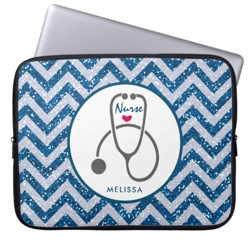 Stylish Gray Nursing Stethoscope on Blue Chevron Laptop Sleeve