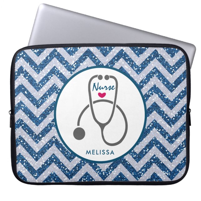 Stylish Gray Nursing Stethoscope on Blue Chevron Laptop Sleeve (Front)