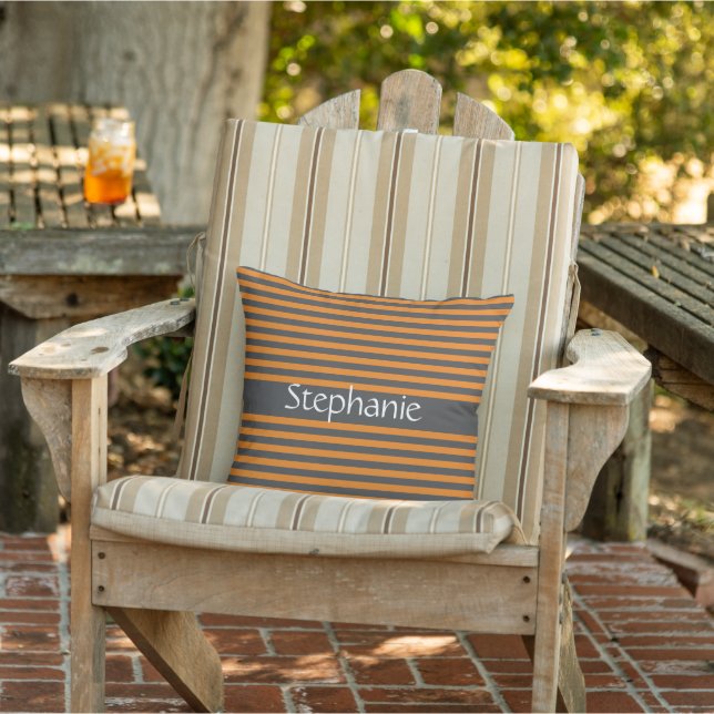 Stylish Gray Orange Stripes White Custom Name Outdoor Pillow (Chair)
