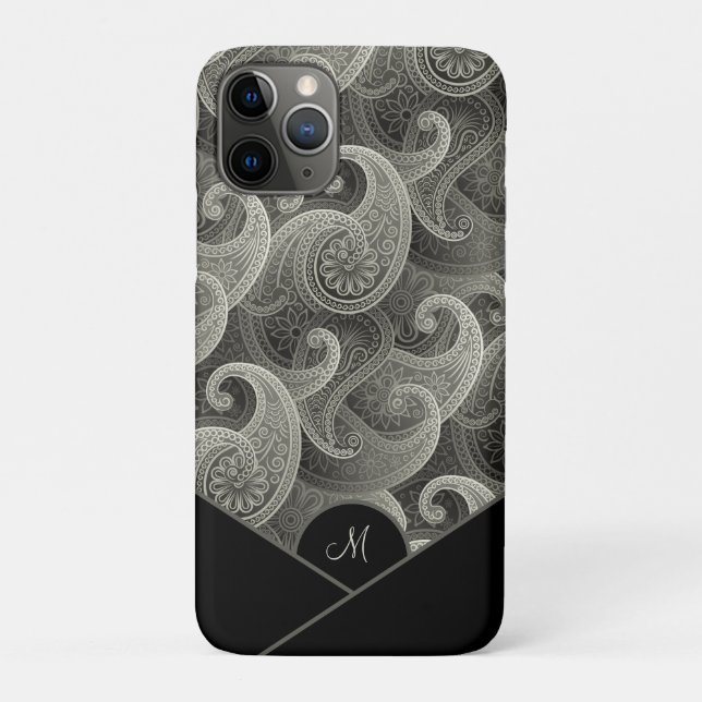 Stylish Gray Paisley Pattern with Monogram Case-Mate iPhone Case (Back)