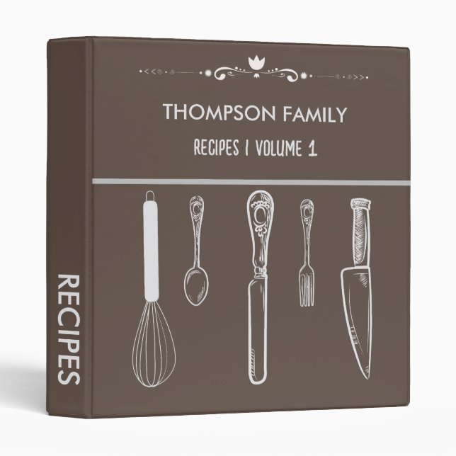 Stylish Gray Personalized Family Recipe Cookbook 3 Ring Binder (Front/Spine)
