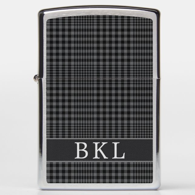 Stylish Gray Plaid Monogram Zippo Lighter (Front)