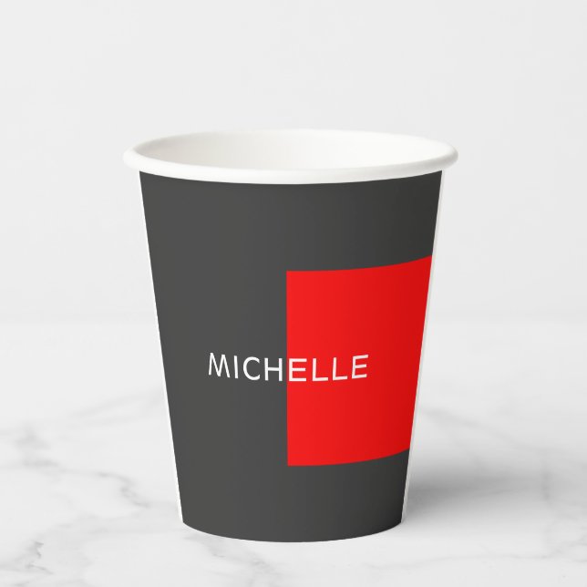 Stylish Gray Red Minimalist Modern Add Name Paper Cups (Front)