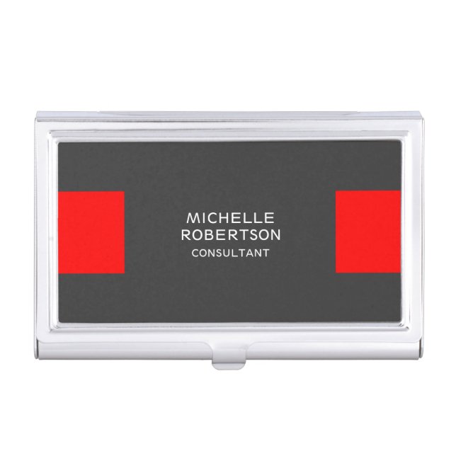 Stylish Gray Red Minimalist Modern Business Card Case (Front)