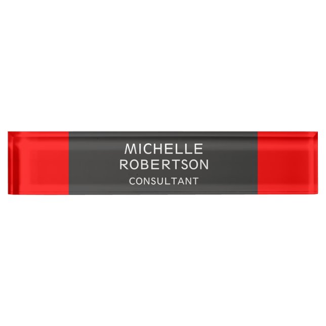 Stylish Gray Red Minimalist Modern Desk Name Plate (Front)