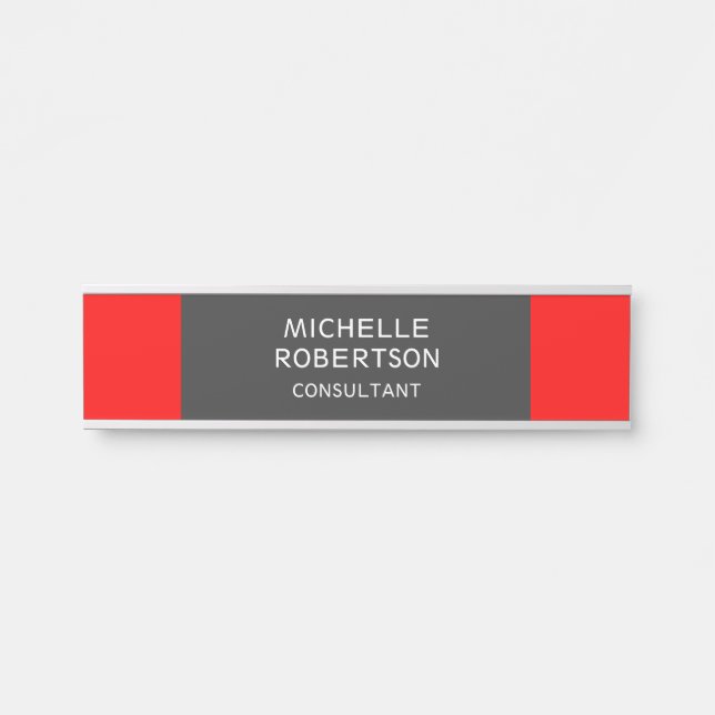 Stylish Gray Red Minimalist Modern Door Sign (Front)