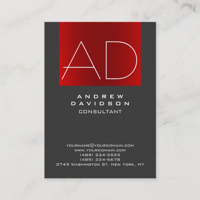 Stylish Gray Red Monogram Plain Business Card (Front)
