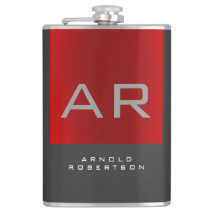 Stylish Gray Red Trendy Monogram Add Name Flask