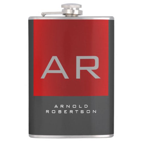 Stylish Gray Red Trendy Monogram Add Name Flask