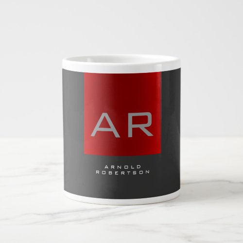 Stylish Gray Red Trendy Monogram Add Name Giant Coffee Mug