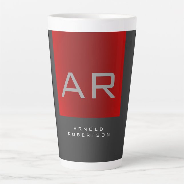 Stylish Gray Red Trendy Monogram Add Name Latte Mug (Front)