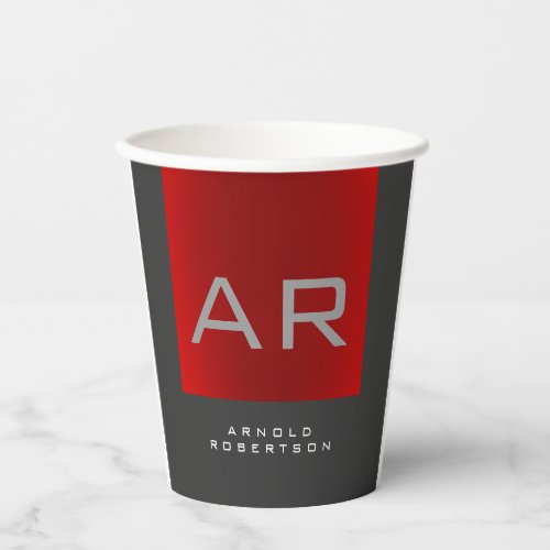 Stylish Gray Red Trendy Monogram Add Name Paper Cups