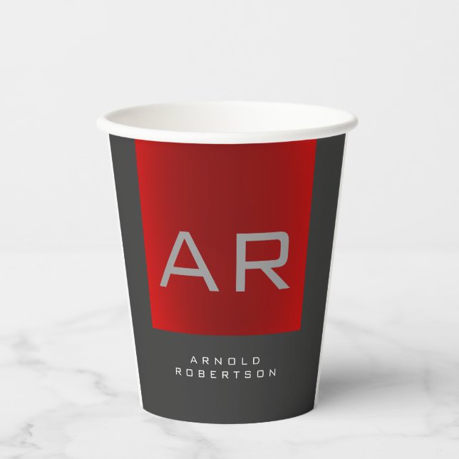 Stylish Gray Red Trendy Monogram Add Name Paper Cups (Front)