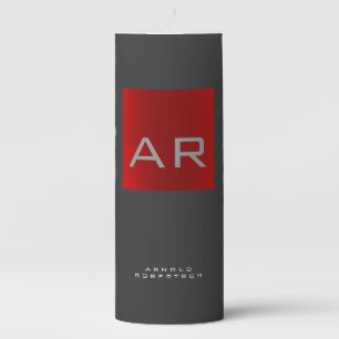 Stylish Gray Red Trendy Monogram Add Name Pillar Candle