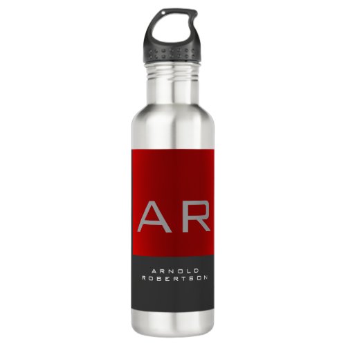 Stylish Gray Red Trendy Monogram Add Name Stainless Steel Water Bottle