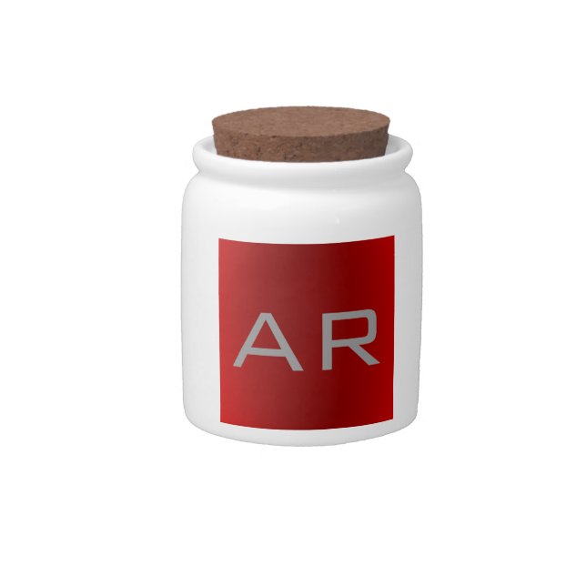 Stylish Gray Red Trendy Monogram Candy Jar (Front)