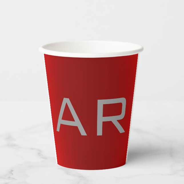 Stylish Gray Red Trendy Monogram Paper Cups (Front)