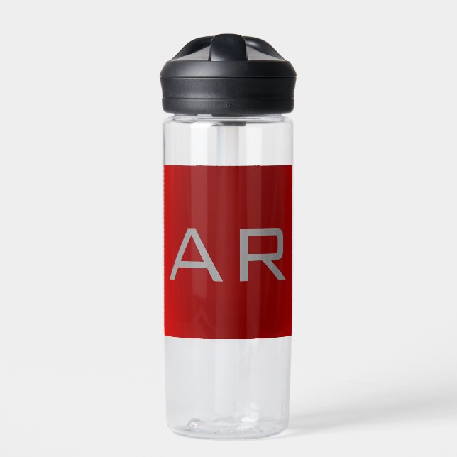 Stylish Gray Red Trendy Monogram Water Bottle (Front)