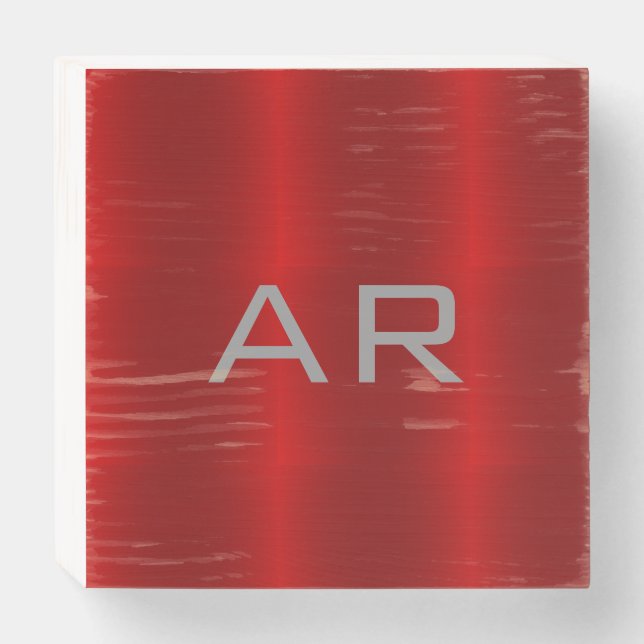 Stylish Gray Red Trendy Monogram Wooden Box Sign (Front Horizontal)