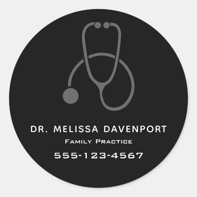 Stylish Gray Stethoscope Illustration on Black Classic Round Sticker (Front)