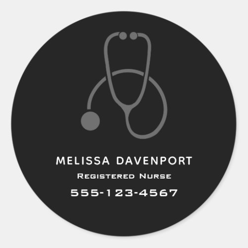 Stylish Gray Stethoscope Illustration on Black Classic Round Sticker