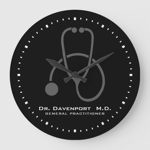 Stylish Gray Stethoscope Illustration on Black Large Clock