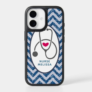 Stylish Gray Stethoscope on Blue Chevron Pattern iPhone 17 Case