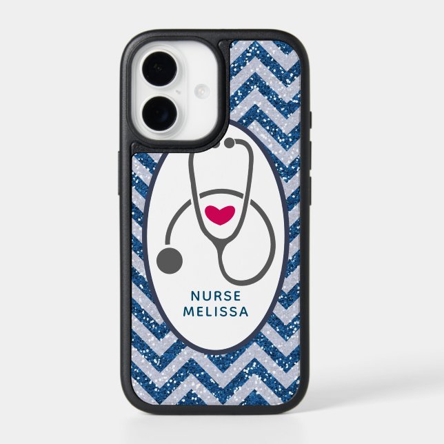 Stylish Gray Stethoscope on Blue Chevron Pattern Otterbox iPhone Case (Back)