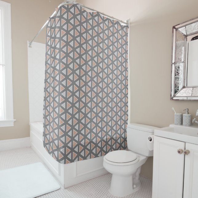 Stylish Gray & Tan Geometric Triangle Pattern Shower Curtain (In Situ)